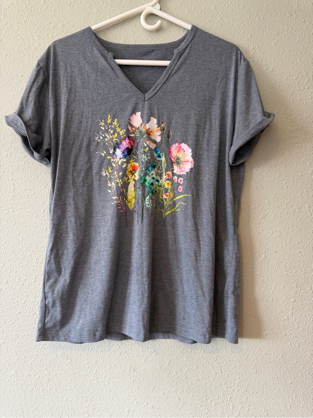 Gray Floral V-Neck Women's Top
